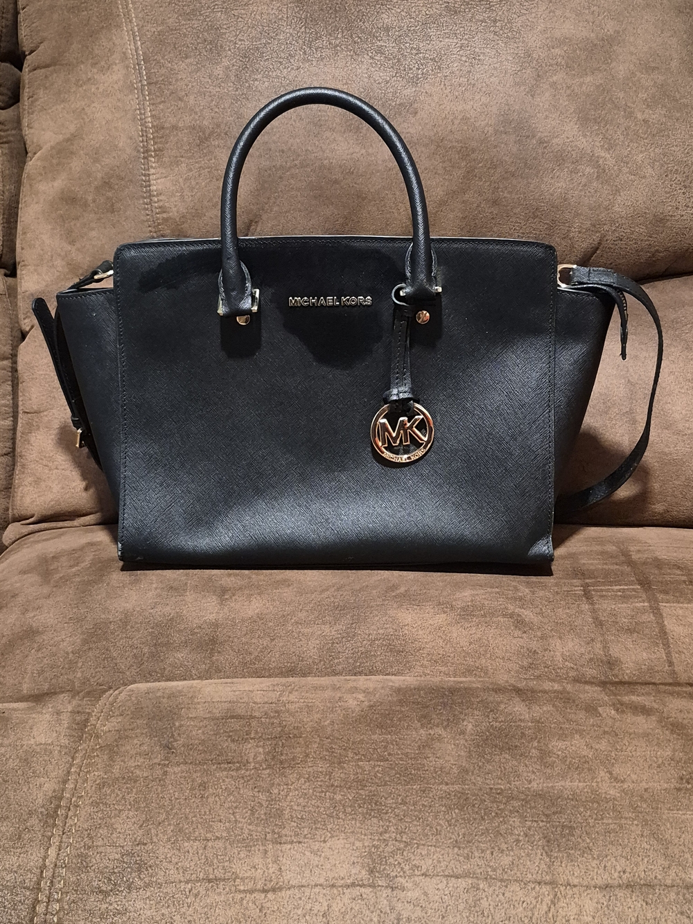 Michael Kors Black Saffiano Leather Satchel with Gold MK Charm
